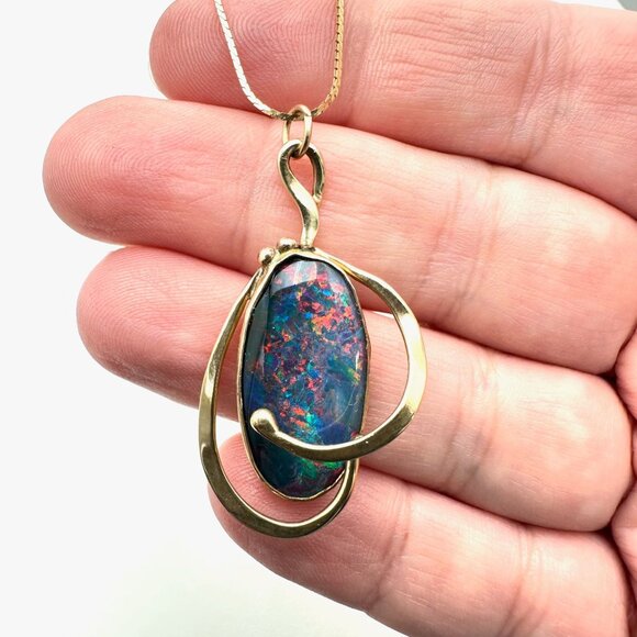 Australian Artisan Black Opal Triplet Necklace 14K Yellow Gold Unique Design - Picture 2 of 6
